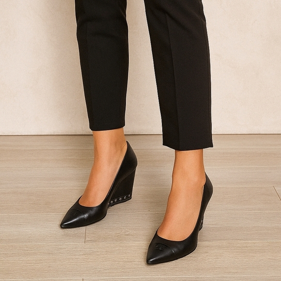 CHANEL Shoes - Chanel CC Cap Toe Black Leather Chain Link Wedge Pumps Size EU38/US 7.5-8